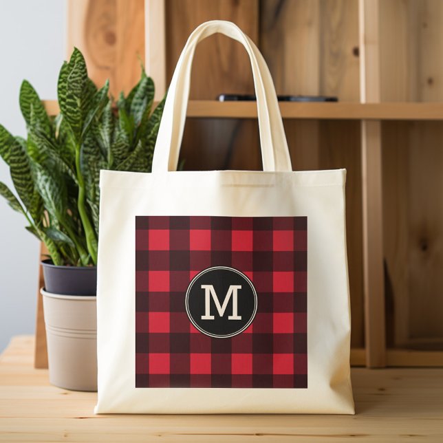 Rustic Red Black Buffalo Play Mönster Monogram Tygkasse (Personalized tote bag with monogram)