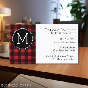 Rustic Red & Black Buffalo Play Mönster Monogram Visitkort