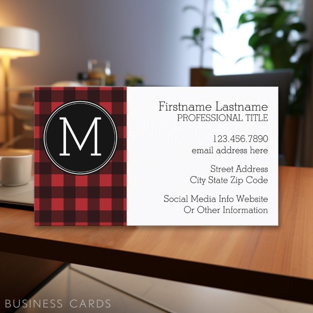 Rustic Red & Black Buffalo Play Mönster Monogram Visitkort (Personalized Printed Business Cards)