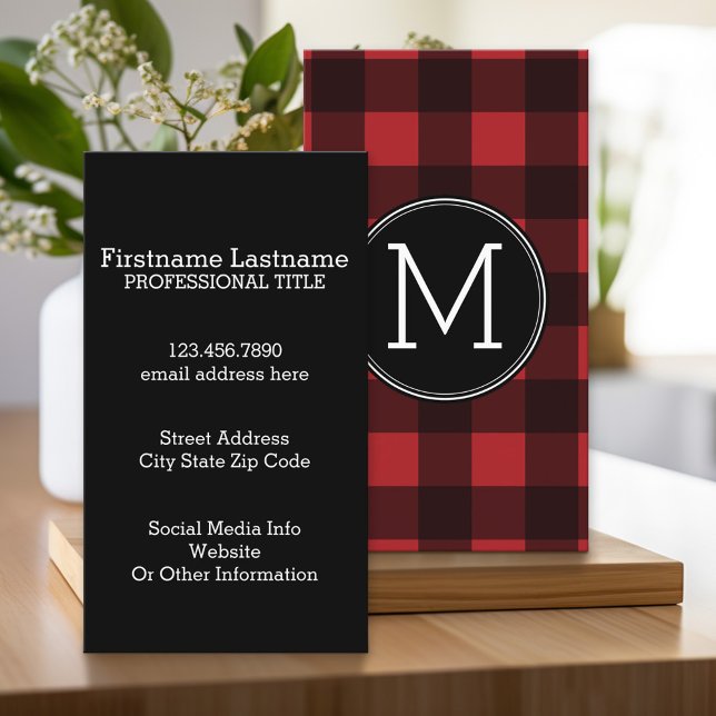 Rustic Red Black Buffalo Play Mönster Monogram Visitkort (Custom Business Card with Monogram)