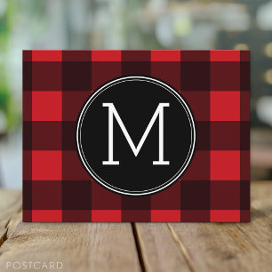 Rustic Red Black Buffalo Play Mönster Monogram Vykort