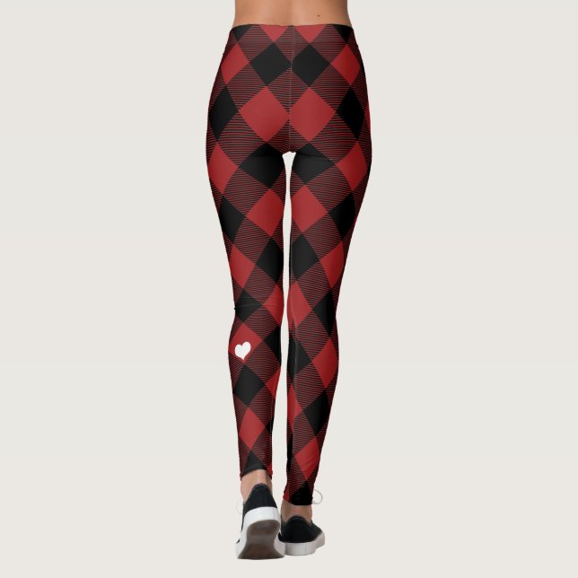 Rustic Red Black Buffalo Play White Heart Leggings (Baksida)