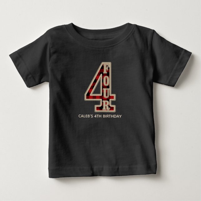 Rustic Red Black Buffalo Rutig Födelsedagsfest 4 å T Shirt (Framsida)