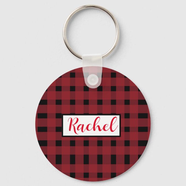 Rustic Red Black Gingham Nyckelring (Framsida)