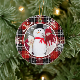 Rustic Red Black Play Snowflake Monogram Photo Julgransprydnad Keramik