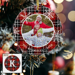 Rustic Red Black Play Snowflake Monogram Photo Julgransprydnad Keramik