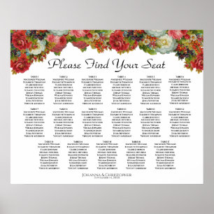 Rustic Red Blommigt 17 Bord Bröllop, sittdiagram Poster