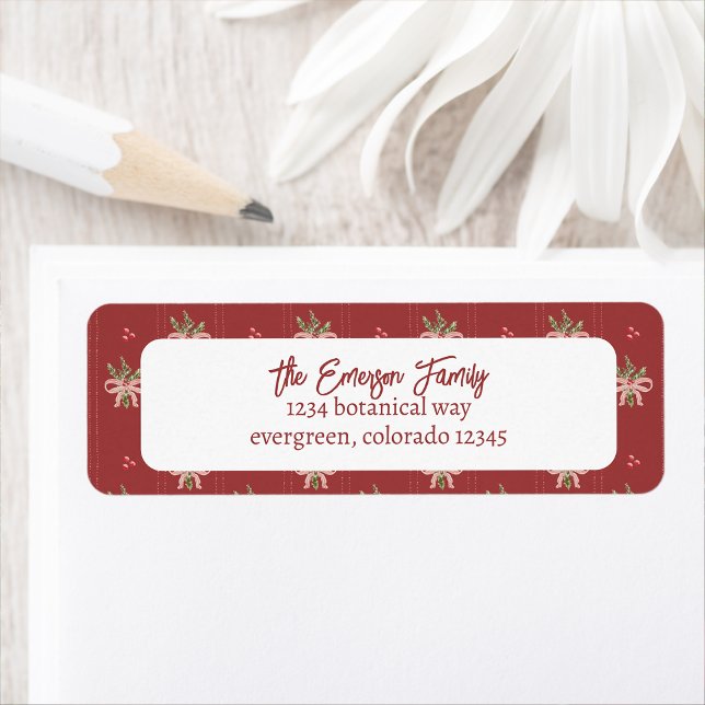 Rustic Red Botanicals Jul Returadress Etikett (Rustic Red Christmas Botanicals Return Address Label by Painted Paperie)