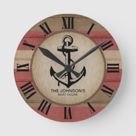 Rustic Red & Brown Nautical Rand & Anchor Roun Rund Klocka