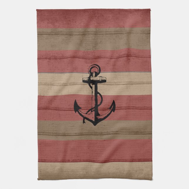 Rustic Red & Brown Wood Nautical Rand & Anchor Kökshandduk (Vertikal)