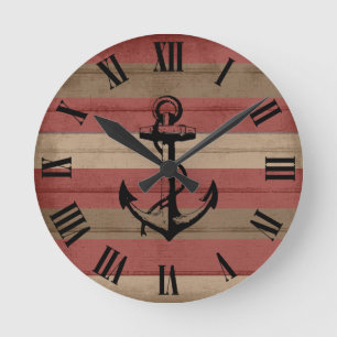 Rustic Red & Brown Wood Nautical Rand & Anchor Rund Klocka