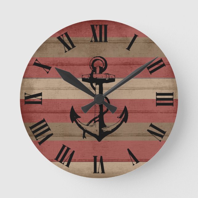 Rustic Red & Brown Wood Nautical Rand & Anchor Rund Klocka (Framsida)