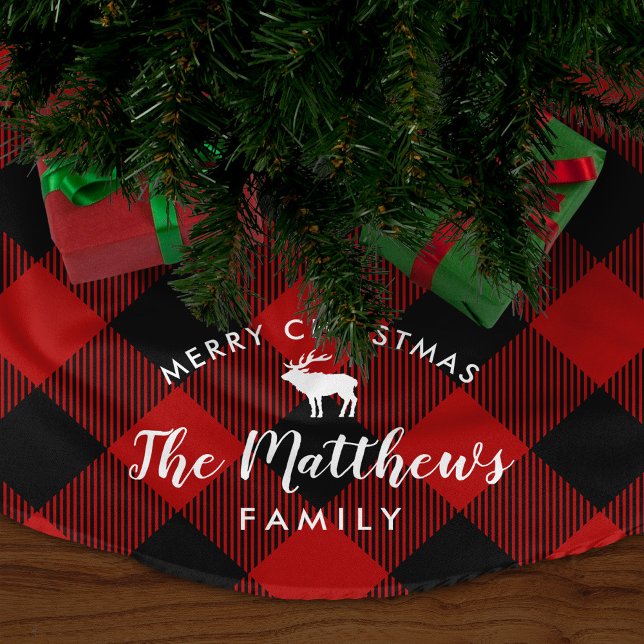 Rustic Red Buffalo Check Reindeer Monogram Julgransmatta Borstad Polyester (Skapare uppladdad)