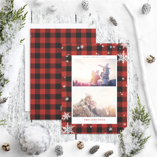 Rustic Red Buffalo Check Snowflake 2 Photo Julkort