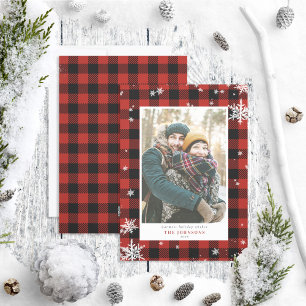 Rustic Red Buffalo Check Snowflake Photo Julkort