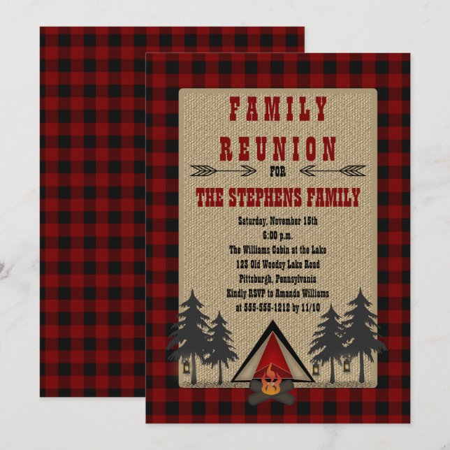 Rustic Red Buffalo Checks Camping Family Reunion Inbjudningar (Fram/baksida)