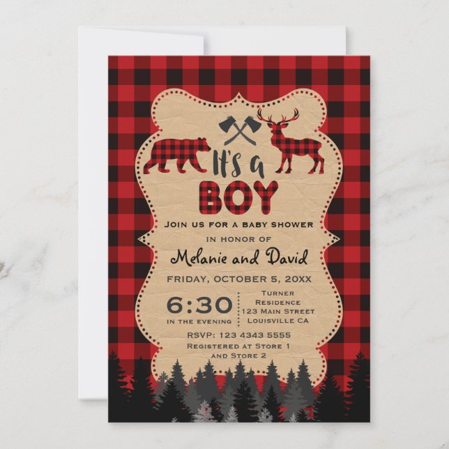 Rustic Red Buffalo Lumberjack Boy Shower Inbjudningar (Framsida)