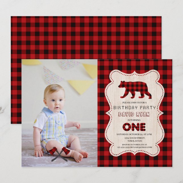 Rustic Red Buffalo Lumberjack Photo 1ST Birthday Inbjudningar (Fram/baksida)