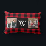 Rustic Red Buffalo Photo Collage Monogram Lumbarkudde<br><div class="desc">Skapa din egen speciella keepy med dina favoritfoton från familjen på den här orustiska stil-kudden med en bakgrund av rött och svart buffel plaid. Två fyrkantiga bilder ramas in av ett svart gräns och mittkvadraten är svart med ett vitt monogram som du först måste anpassa. Ersätt exempelmallens foton med dina...</div>