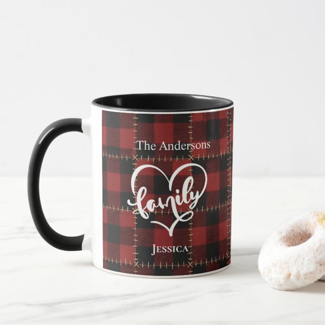 Rustic Red Buffalo Plaid Customizable Family Name  Mugg (Med munk)