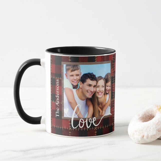 Rustic Red Buffalo Plaid Customizable Family Photo Mugg (Med munk)