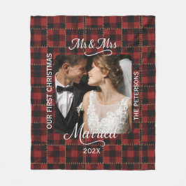 Rustic Red Buffalo Plaid First Christmas Married Fleecefilt