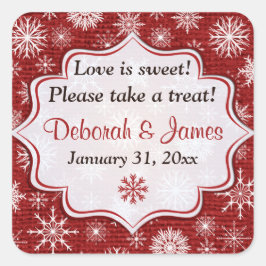 Rustic Red Burlap Snöflingor Wedding Favor Sticker Fyrkantigt Klistermärke