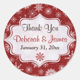 Rustic Red Burlap Snöflingor Wedding Favor Sticker Runt Klistermärke