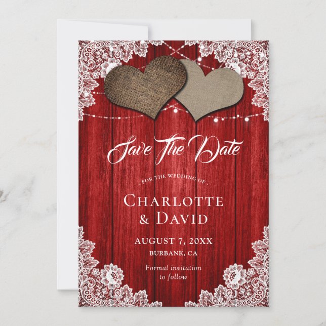Rustic Red Burlap Snöre Bröllop spara datum Card Datumet (Framsida)