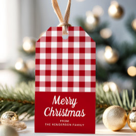 Rustic Red Checkered Script God jul Presentetikett