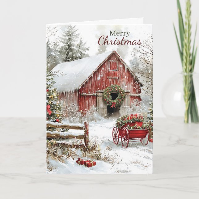 Rustic Red Christmas Barn and Wagon Holiday Helgkort (Framsida)