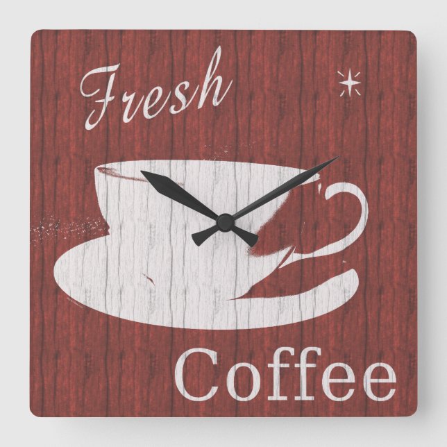 Rustic Red Coffee Clock Fyrkantig Klocka (Framsida)