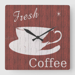 Rustic Red Coffee Clock Fyrkantig Klocka