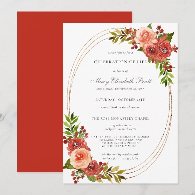Rustic Red Coral Rosa Blommigt Firande of Life Inbjudningar (Fram/baksida)