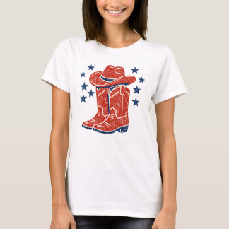 Rustic Red Cowboy Boots and Blue Stars Western T Shirt