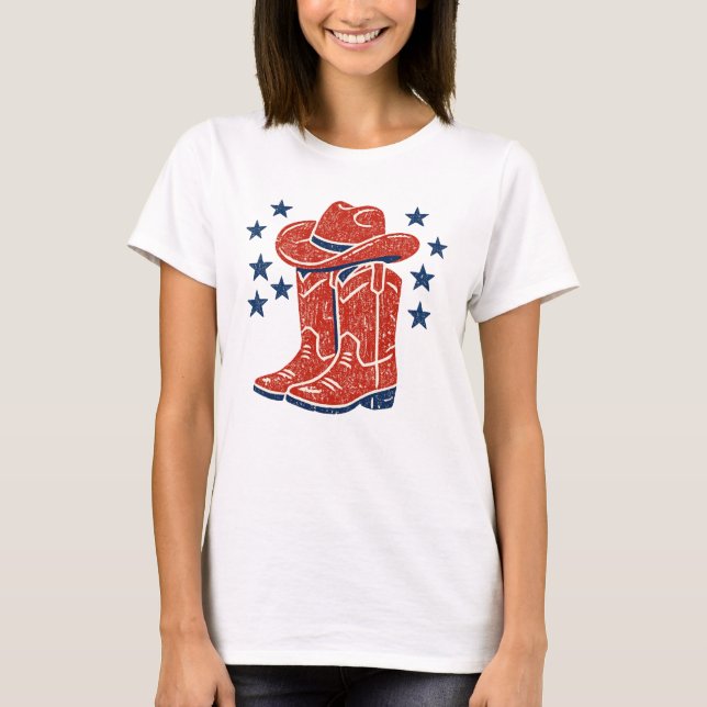 Rustic Red Cowboy Boots and Blue Stars Western T Shirt (Framsida)