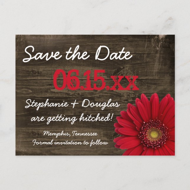 Rustic Red Daisy Wood Save Date Postcards Meddelande Vykort (Framsida)