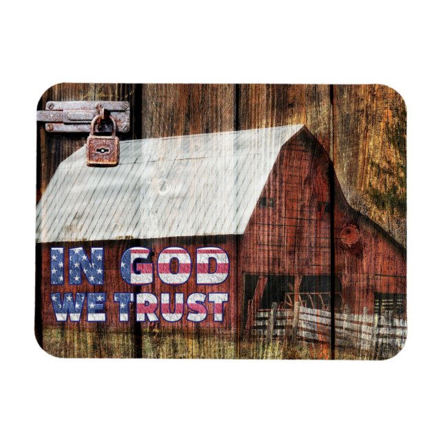 Rustic Red Fed Barn med latch i Gud vi litar på Magnet (Horisontell)