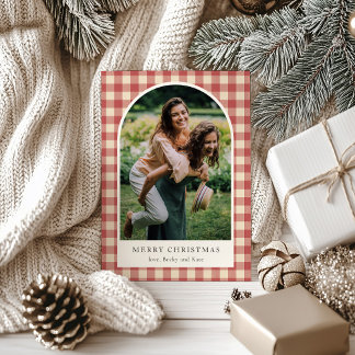 Rustic Red Gingham Arch Photo Modern jul Julkort