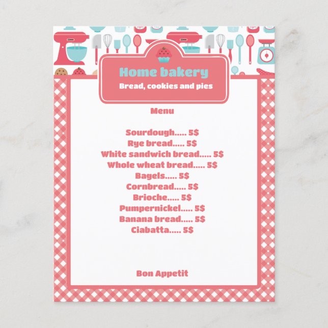 Rustic Red Gingham Bakery Menu & Pris List (Framsida)