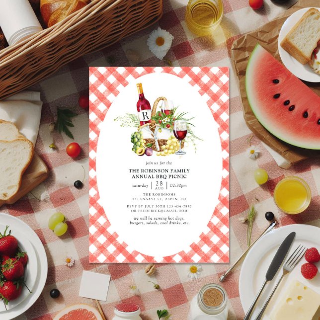 Rustic Red Gingham BBQ Picnic Monogram Inbjudningar (Rustic Red Gingham BBQ Picnic Monogram Invitation)