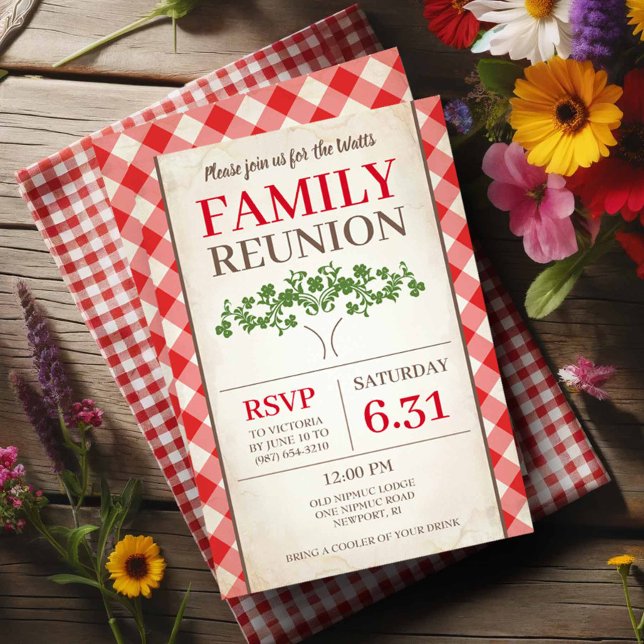 Rustic Red Gingham Family Reunion-inbjudningar Inbjudningar (Rustic family reunion invitations tree with red gingham print.)