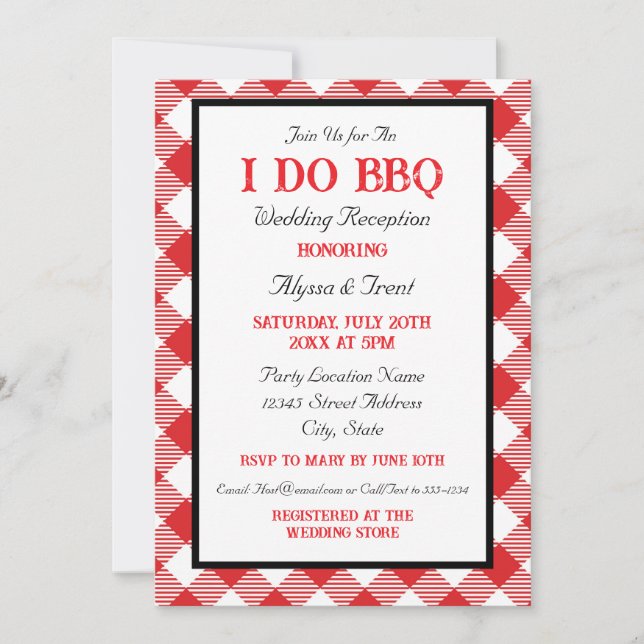 Rustic Red Gingham I Do BBQ Wedding Reception Inbjudningar (Framsida)