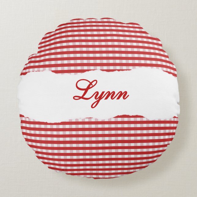 Rustic Red Gingham Personalized Name Rund Kudde (Framsidan)