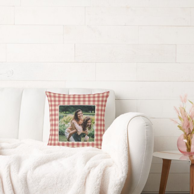 Rustic Red Gingham Photo Modern jul Kudde (Soffa)