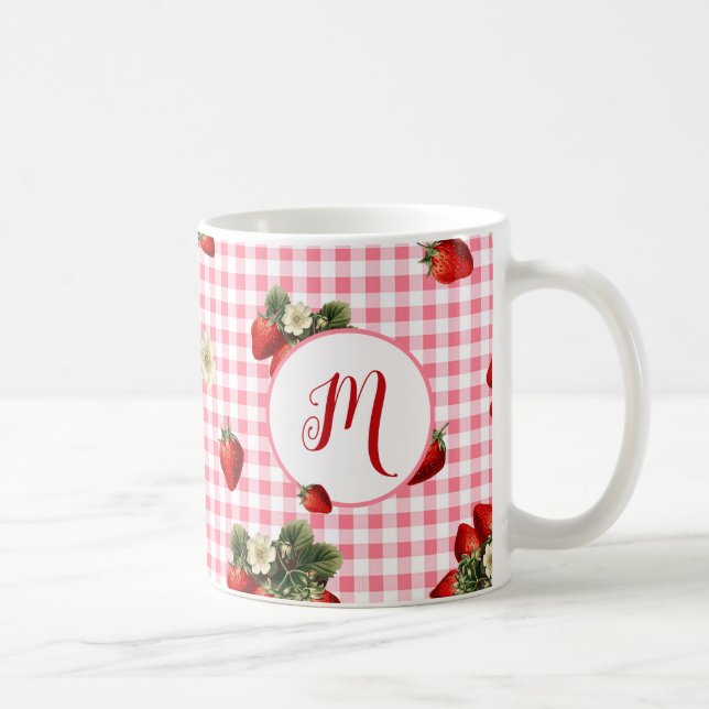 Rustic Red Gingham Strawberry Anpassningsbar Monog Kaffemugg (Höger)