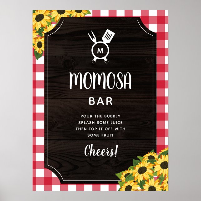 Rustic Red Gingham Sunblommor Monogram Momosa Pub Poster (Framsidan)