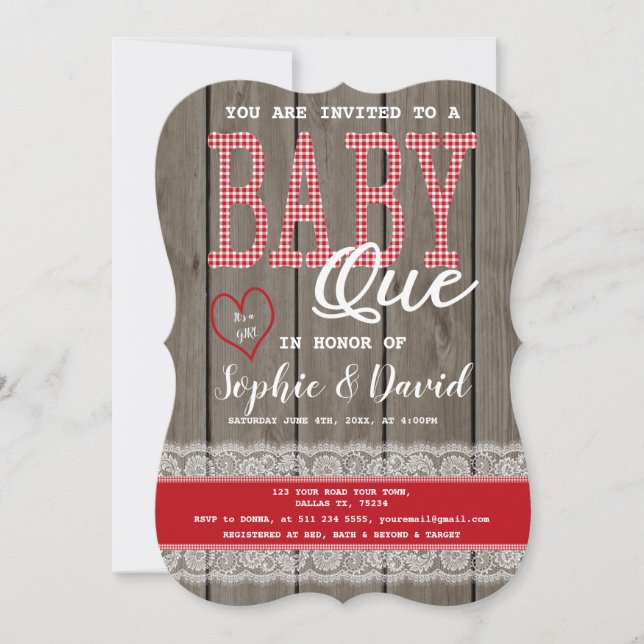 Rustic Red Gingham Wood Girl Baby Shower BBQ Inbjudningar (Framsida)