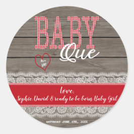 Rustic Red Gingham Wood Girl Baby Shower BBQ Runt Klistermärke