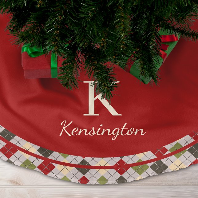 Rustic Red Grönt Argyle jul Monogram Julgransmatta Borstad Polyester (Rustic Red Green Argyle Christmas Monogram Brushed Polyester Tree Skirt)